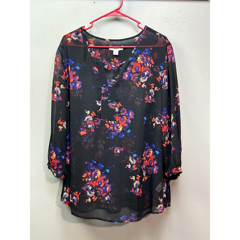 Coldwater Creek Blouse Womens 2X Black Floral Pleated V-Neck Chiffon Tunic Top